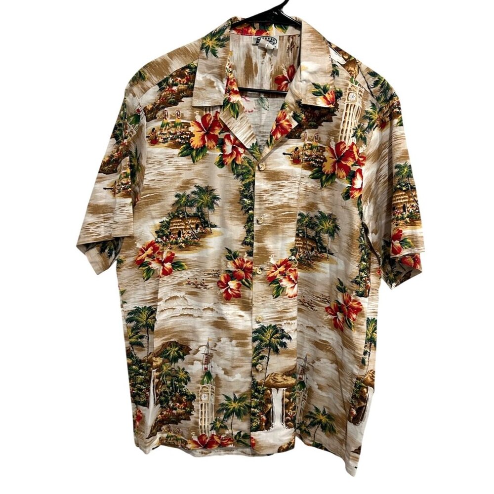 Vintage Pacific Hawaiian Shirt Short Sleeve Button Up Floral Scenic Print Sz XL
